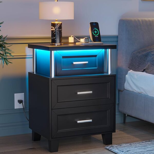 Black Nightstand with Charging Station