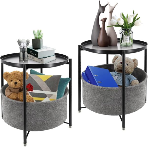 Round Side Table With Fabric Storage Basket,